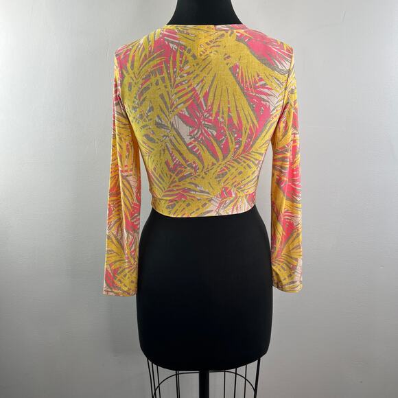 RED CARTER Yellow Pink Top Stretch Tropical Split Front Crew Neck Size Small S - Picture 8 of 12